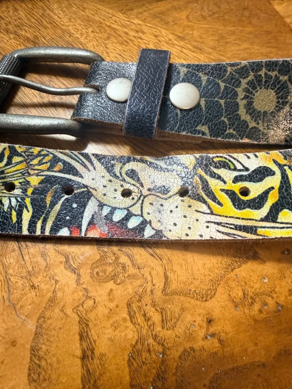 2 Vintage ED HARDY Belts Black & White Studded Tattooed Leather Skull Heart 34